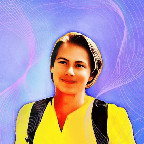 Nick Saperov in a yellow T-shirt. Profile picture with a violet modernist line background.