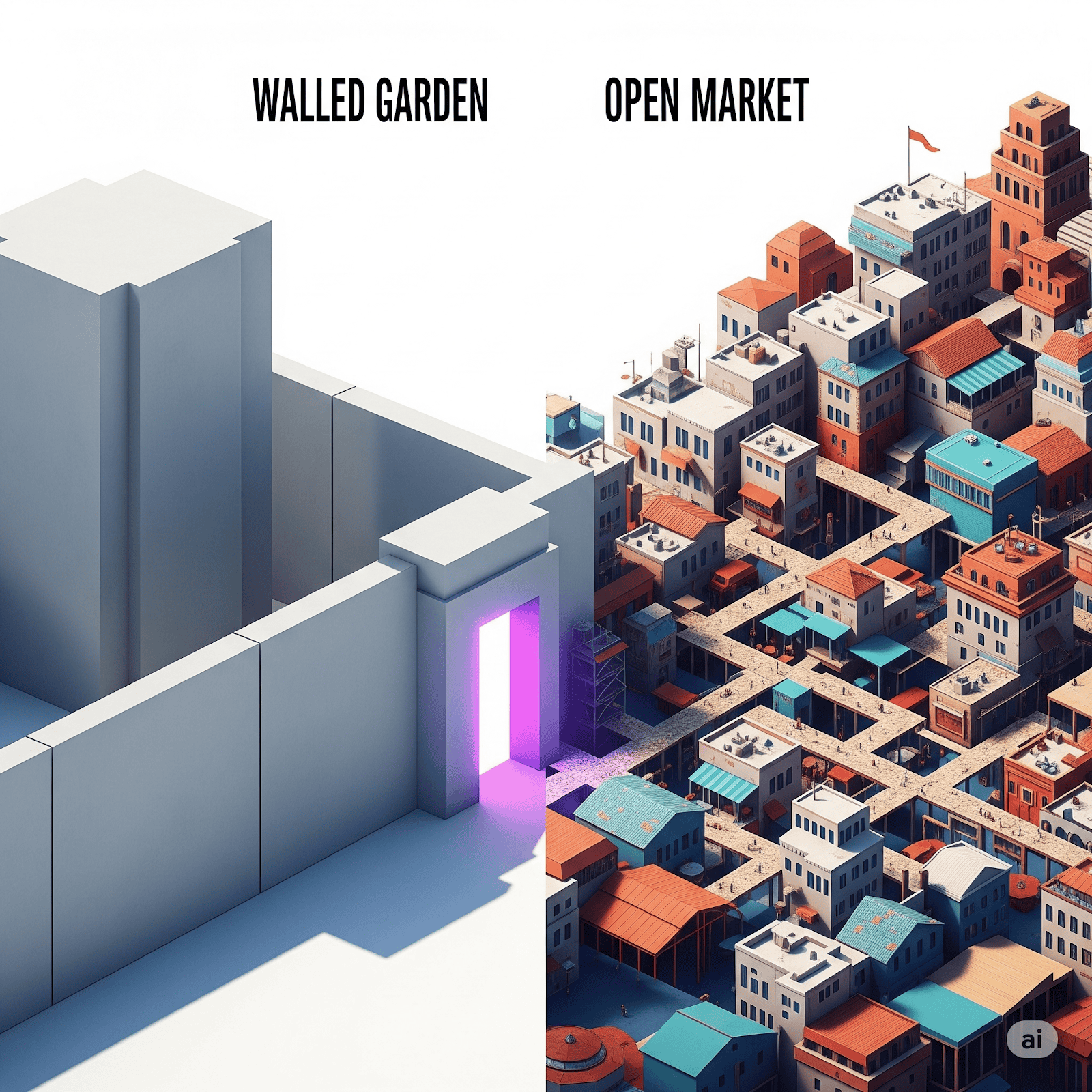The Choice: A Walled Garden or an Open Market? A symbolic illustration contrasting closed and open-source platforms. The left side shows a sterile, gray "Walled Garden" with a single gate, representing restrictive systems like Wix. The right side shows a vibrant and chaotic "Open Market" with many paths, representing the freedom of the WordPress ecosystem.