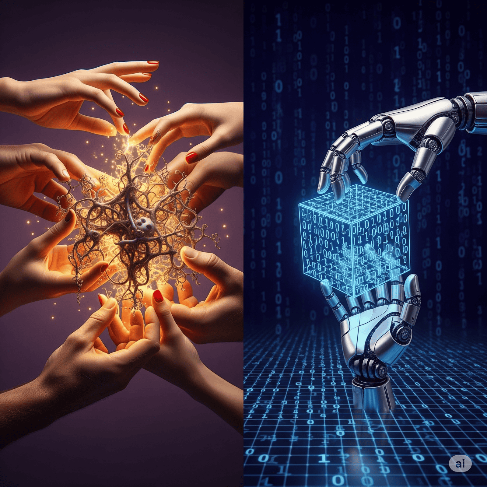 Human Collaboration vs. The Algorithm A conceptual image contrasting human and AI creativity. On the left, multiple human hands collaborate to create a warm, glowing, organic structure. On the right, a single robotic hand holds a cold, digital cube made of binary code, symbolizing the difference between a human-driven open-source community and an automated AI builder.