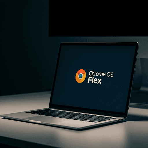 A sleek, modern laptop displaying the Chrome OS Flex logo on its screen, representing the new life and performance the operating system can bring to older hardware.